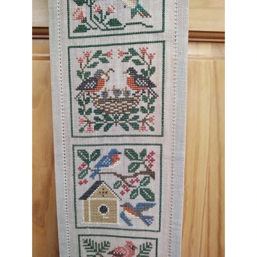 Vintage Completed Cross Stitch Birds Bell Brass Hanger 36